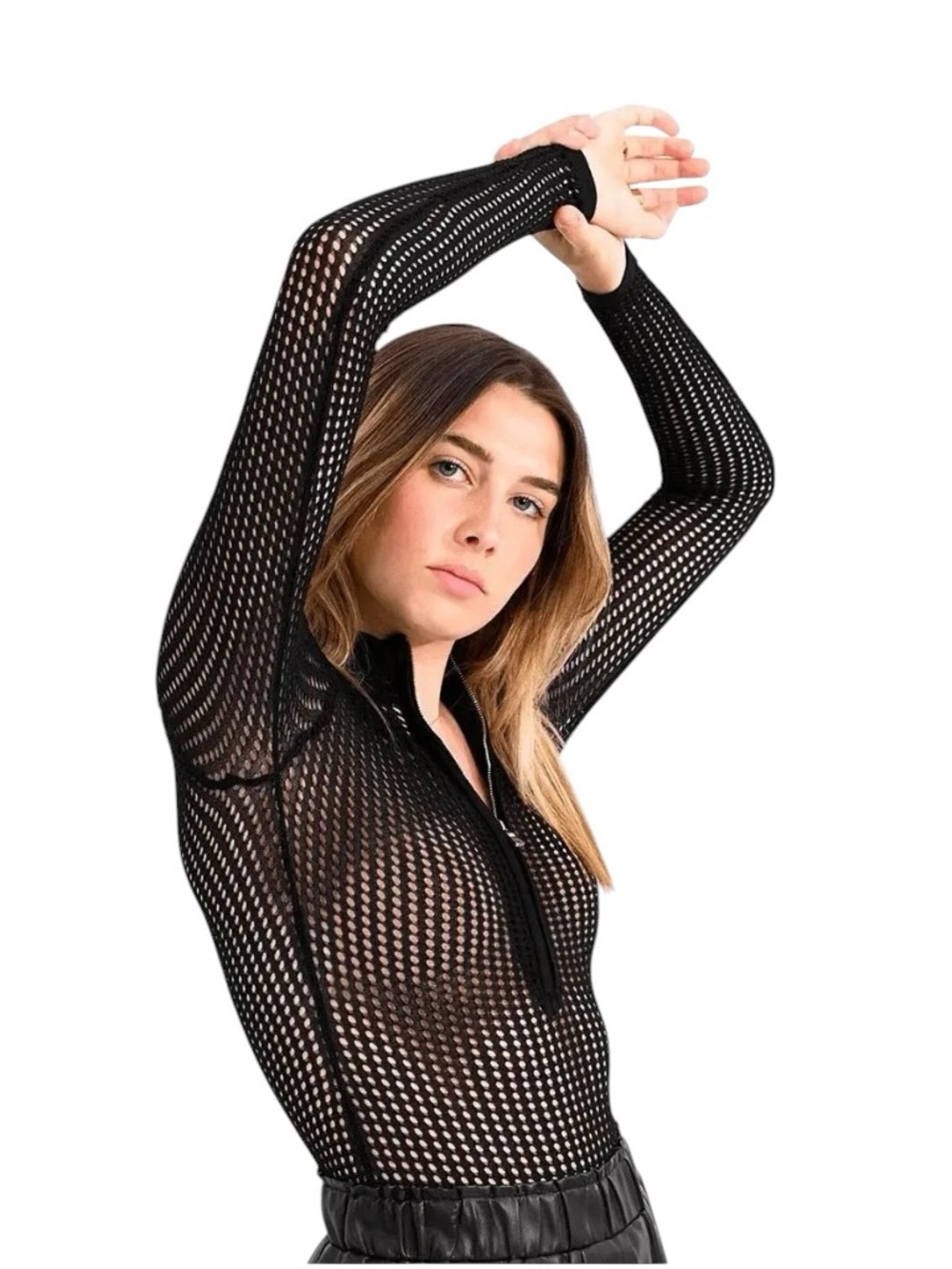 Lili Sidonio Black Long-Sleeve Mesh Zip-Neck Bodysuit Size M